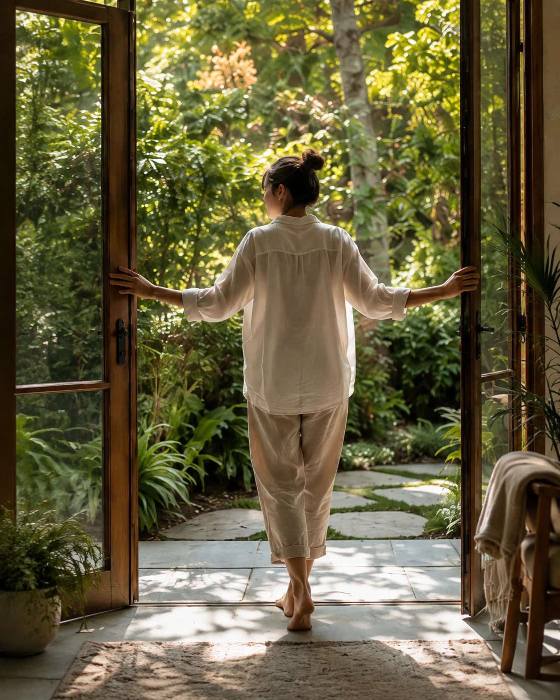 A quiet moment opening the doors to a sunlit garden.