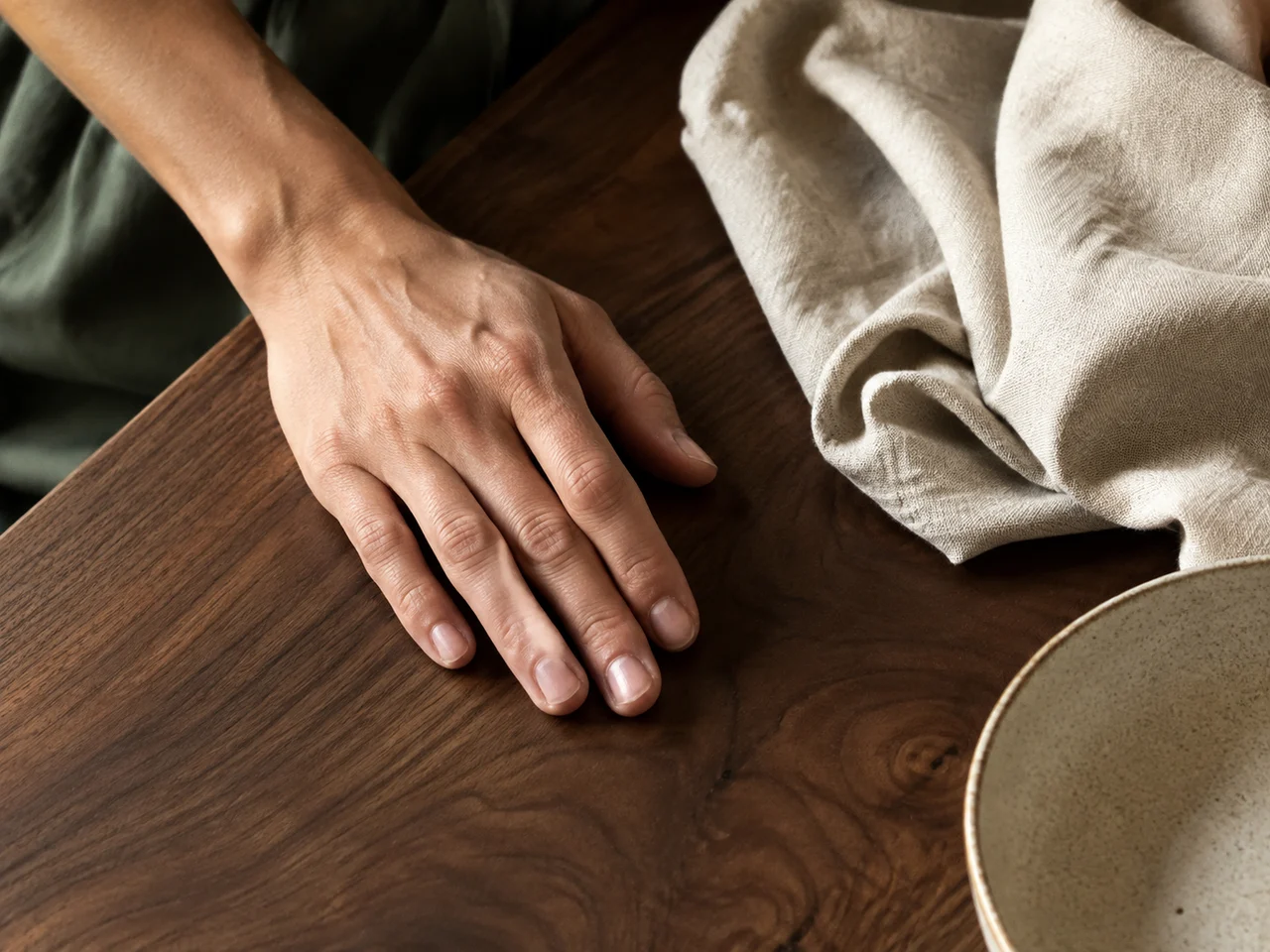A hand resting on warm walnut beside softly textured linen.